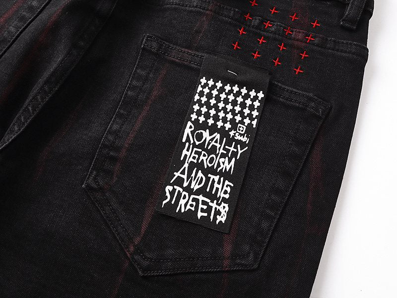 Ksubi Black Slim Tapered Jeans with Red Accents — detail