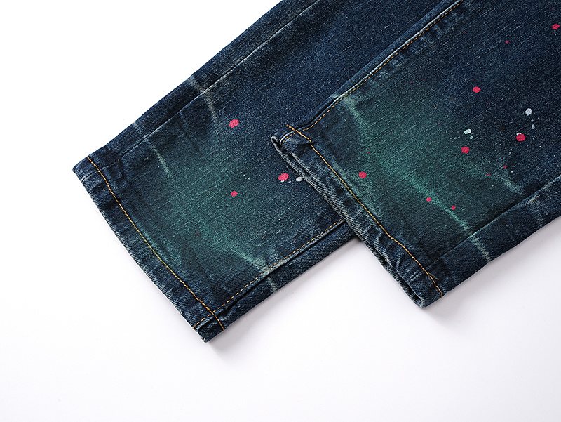 Purple Brand Dark Blue Distressed Paint Splatter Jeans — detail