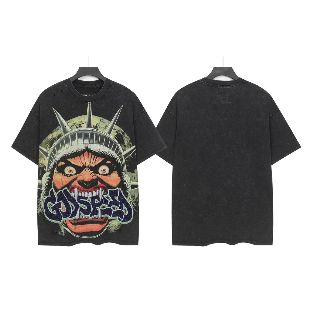 Godspeed Distressed Rhinestone Graphic T-Shirt — front