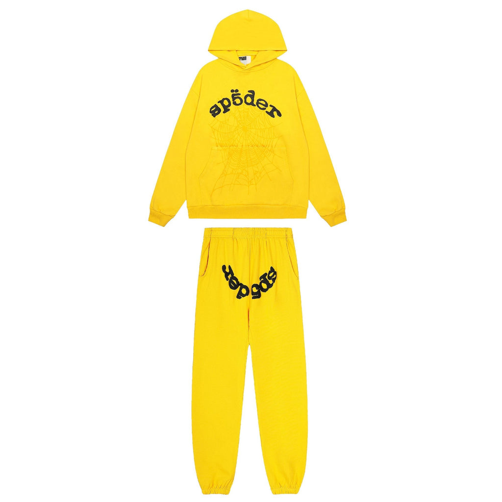 Sp5der Yellow Graphic Hoodie & Sweatpants Matching Set — hero