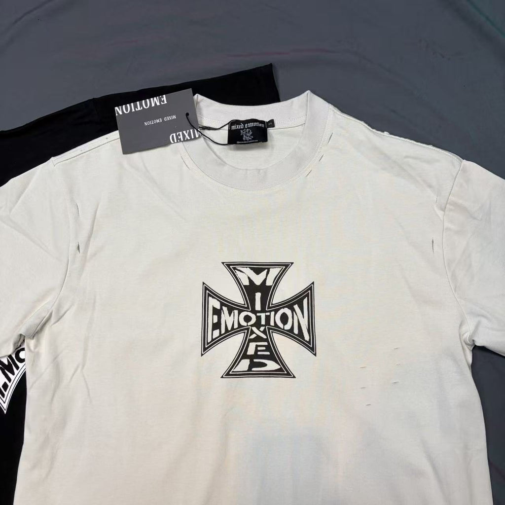 MIXED EMOTION Cross Graphic Distressed T-Shirt — hang_tag